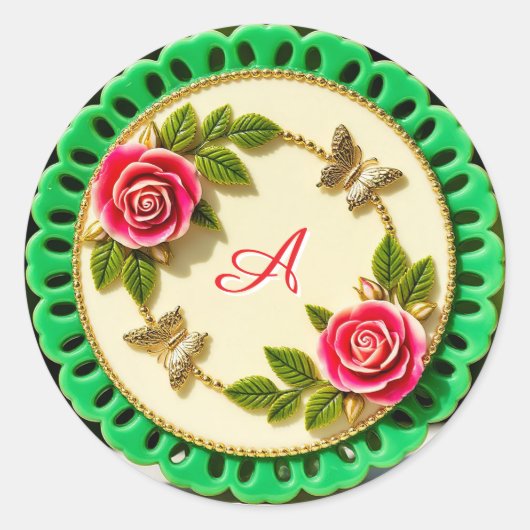 Siergroene randplaat met roze roos ronde sticker (Voorkant)