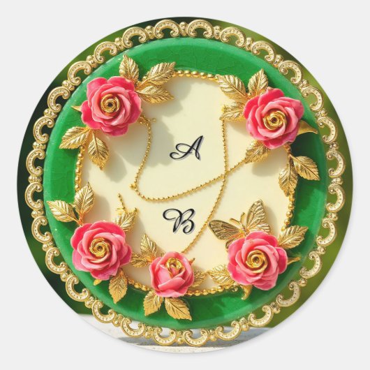 Siergroene randplaat met roze roos ronde sticker (Voorkant)