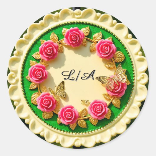 Siergroene randplaat met roze roos ronde sticker (Voorkant)