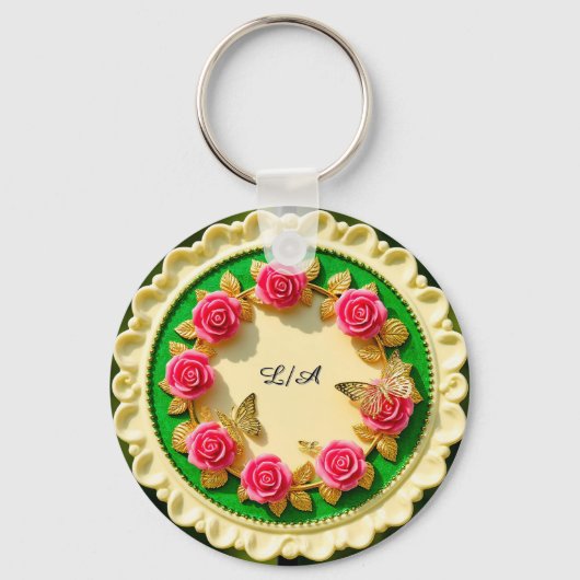 Siergroene randplaat met roze roos sleutelhanger (Voorkant)