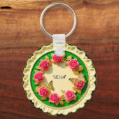 Siergroene randplaat met roze roos sleutelhanger (Voorkant)