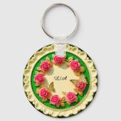 Siergroene randplaat met roze roos sleutelhanger (Achterkant)