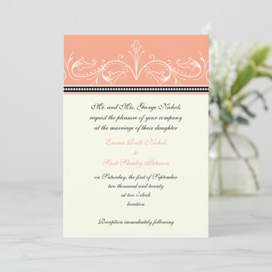 Sierkoraal wit aangepaste bruiloft uitnodiging (Staand voorkant)