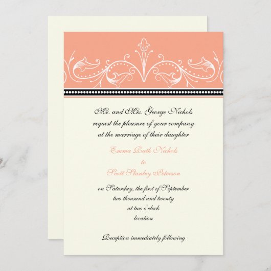 Sierkoraal wit aangepaste bruiloft uitnodiging (Voorkant / Achterkant)