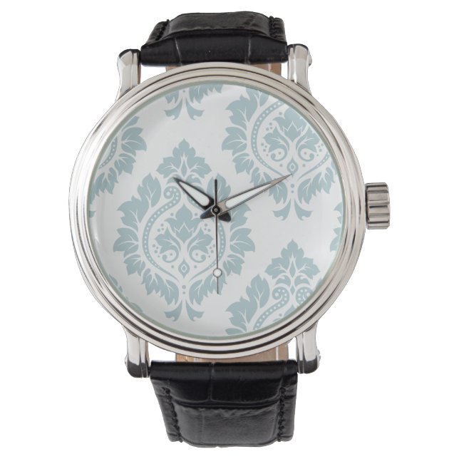 Sierkunst Damast I Eendenei Blauw op Wit Horloge (Voorkant)
