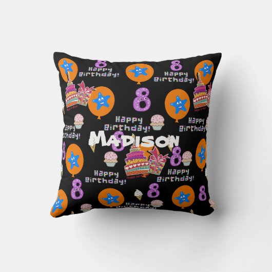 Sierkussen, #8 Happy 8th Birthday Black Kussen (Achterkant)