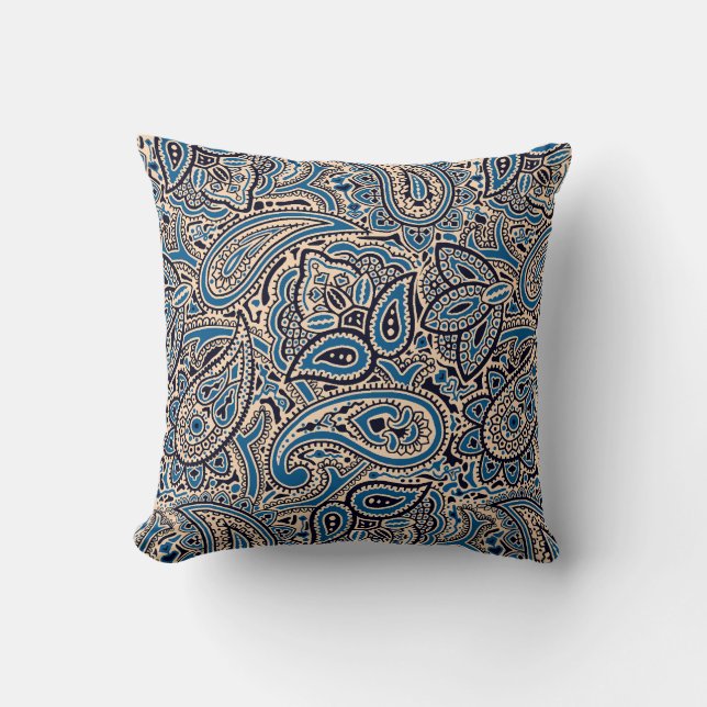 Sierkussen Blauw en Tan Paisley (Voorkant)