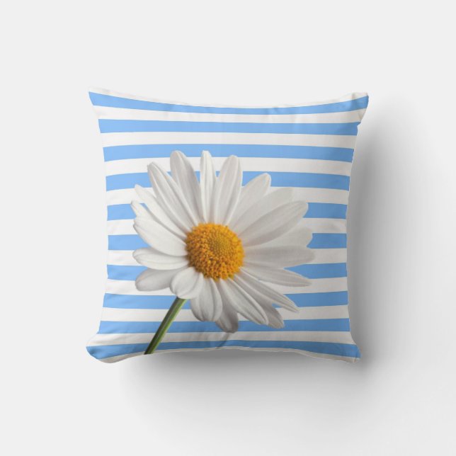 Sierkussen Blue en White Stripe White Daisy (Voorkant)