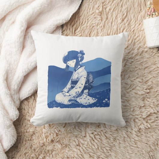 Sierkussen-Blue Kimono Girl Kussen (Deken)