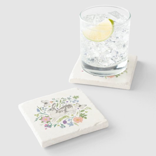 Sierkussen Bunny en Spring Flowers Stenen Onderzetter (Zijkant)