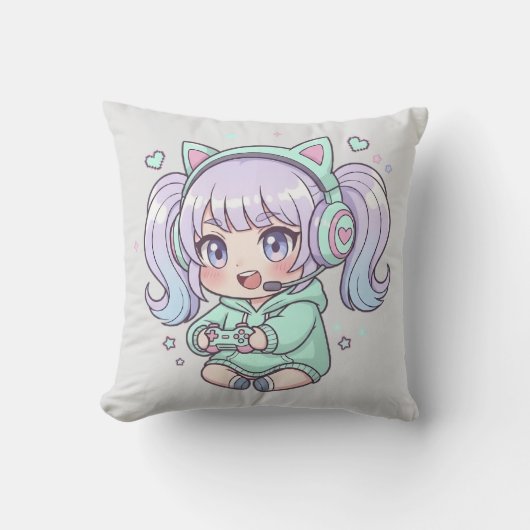 Sierkussen - enthousiaste Chibi Gamer Girl (Voorkant)