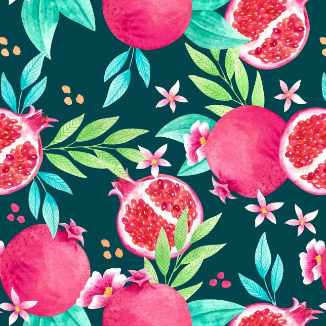 Sierkussen fruitpatroonpatroon (Seamless pattern with pomegranates, flowers and leaves on a dark background, watercolor style.)