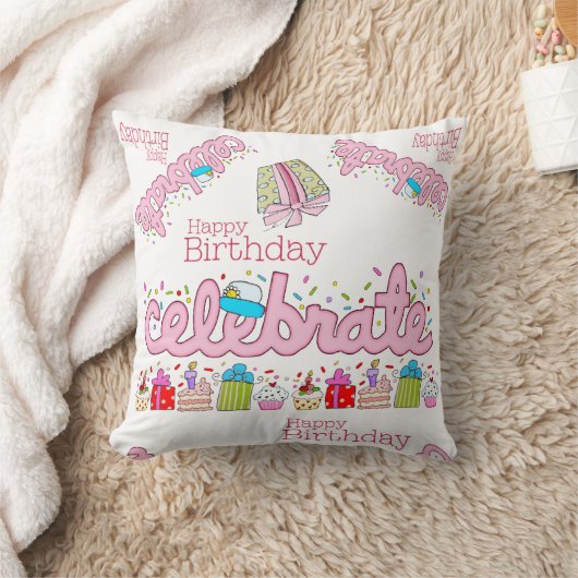 Sierkussen, Happy Birthday Celebrate Pink Kussen (Deken)
