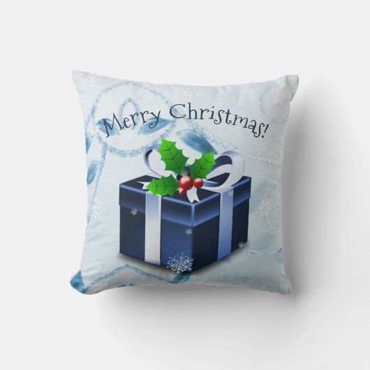 Sierkussen met blauw kerstcadeau (Voorkant)
