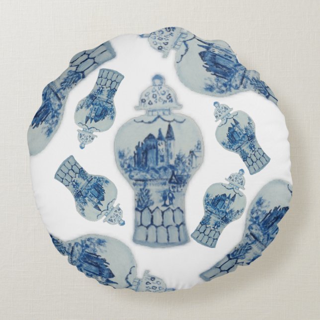 Sierkussen met blauwe en witte gember rond kussen (Achterkant)