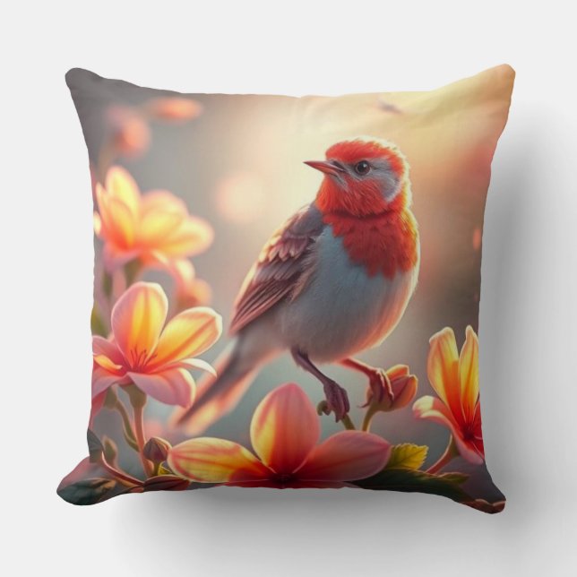 Sierkussen met oranje vogel bloemen (Voorkant)