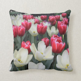 Sierkussen met rode en witte tulpen