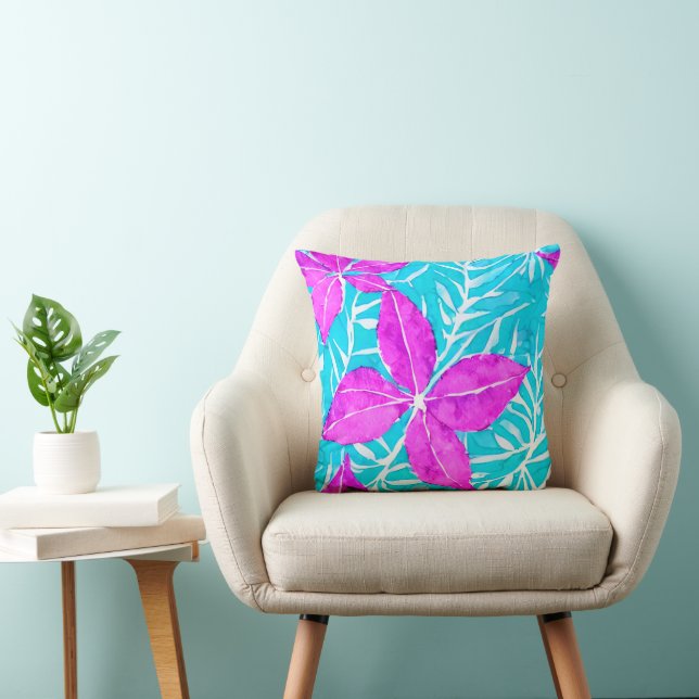 Sierkussen met roze en Turquoise Leafy Pattern (Stoel)