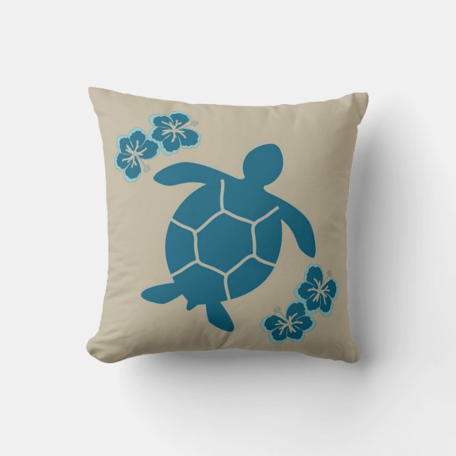 sierkussen met zeeschildpad, blauw op lichtbruin (Voorkant)
