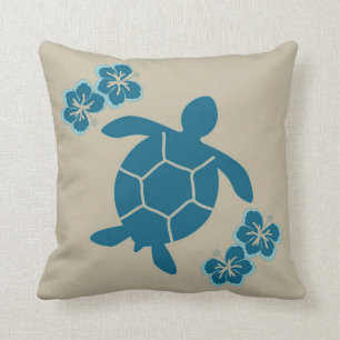sierkussen met zeeschildpad, blauw op lichtbruin