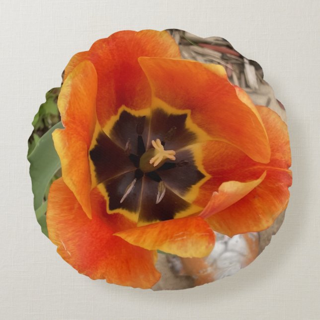 Sierkussen Oranje Floral Round Rond Kussen (Voorkant)