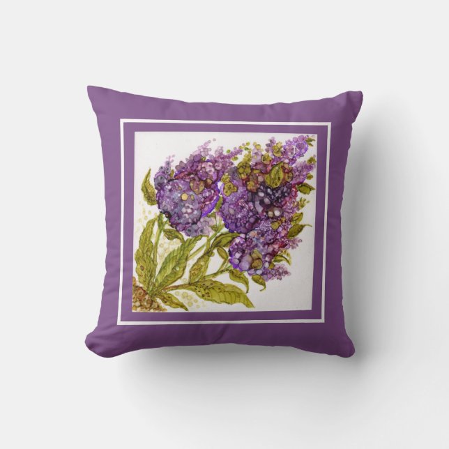 Sierkussen Paarse Lilacs Handbeschilderde Kunst (Voorkant)