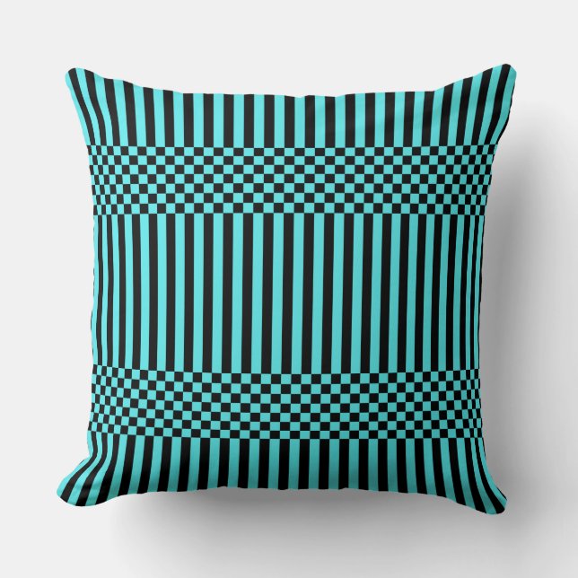 Sierkussen Stripes&Checker Black en Turquoise (Voorkant)
