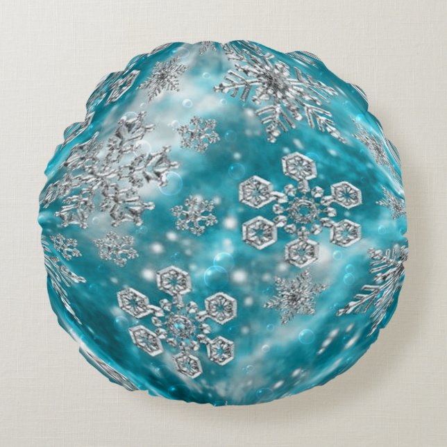 Sierkussen van Frosty Blue Snowflake Bubble Rond Kussen (Voorkant)