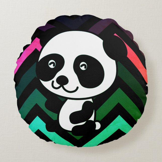 Sierkussen van het zwarte en groene Chevron Panda- Rond Kussen (Voorkant)