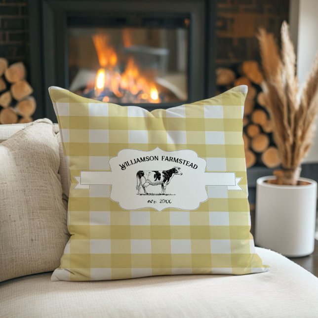 Sierkussen voor de Koe van geel buffelBoerderij (Yellow Buffalo Plaid Farm Cow Throw Pillow)