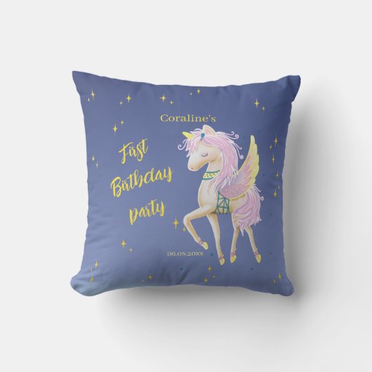 Sierkussen voor je eerste verjaardag met eenhoorn. (Voorkant)