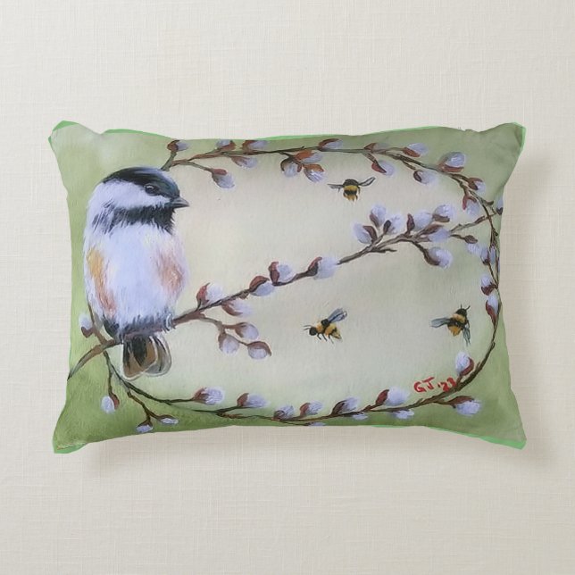 Sierkussennen van Chickadee Pussy Willows bijen Accent Kussen (Voorkant)
