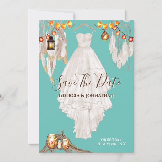 Sierlicht veer boho macrame jurk turquoise blauw save the date (Voorkant)