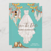 Sierlicht veer boho macrame jurk turquoise blauw save the date (Voorkant / Achterkant)