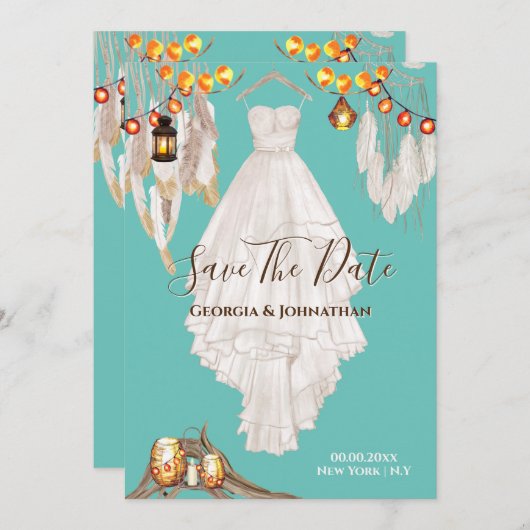 Sierlicht veer boho macrame jurk turquoise blauw save the date (Voorkant / Achterkant)