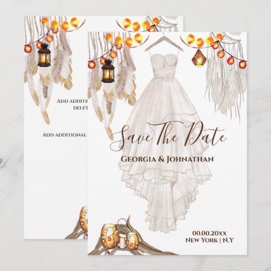 Sierlicht veer boho macrame lantaarn bruiloft save the date (Voorkant / Achterkant)