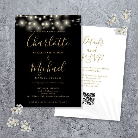 Sierlichten Script Zwart Goud QR Code Huwelijk Kaart