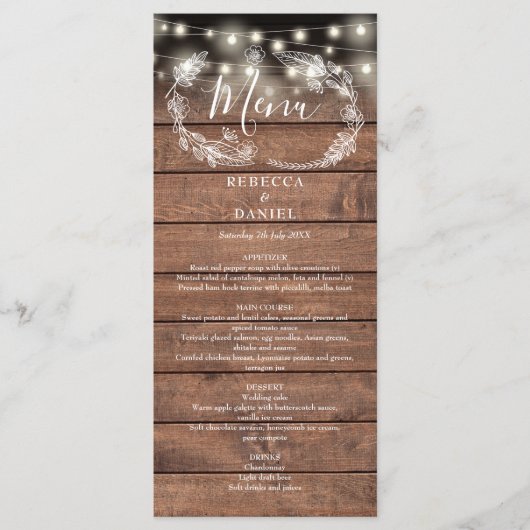 Sierlichtjes Bloem Rustieke Houten Bruiloft Menu (Voorkant)
