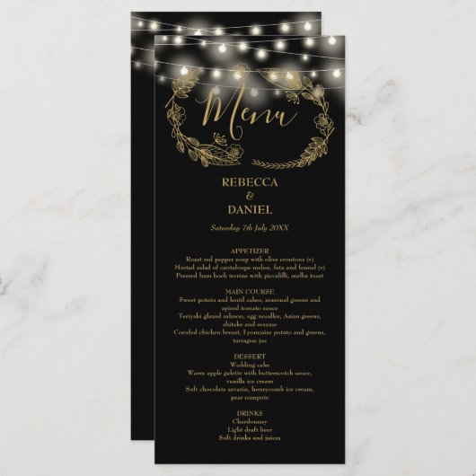 Sierlichtjes Bloemendecoratie Zwart En Goud Bruilo Menu (Voorkant / Achterkant)