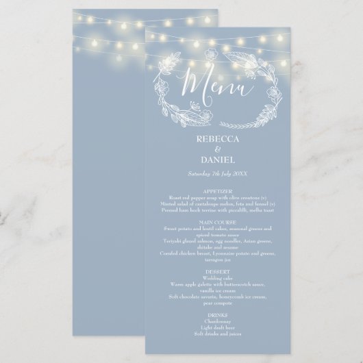 Sierlichtjes bloemige stoffige blauwe bruiloft menu (Voorkant / Achterkant)