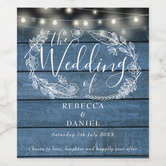 Sierlichtslingers bloem blauw rustieke houten brui wijn etiket (Enkel label)