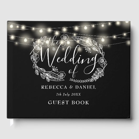 Sierlichtslingers bloem wit en zwart bruiloft gastenboek (Voorkant)