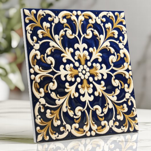 Sierlijk blauw en goud scrollwerk tegeltje