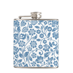 Sierlijk blauw en wit bloemrankenpatroon heupfles