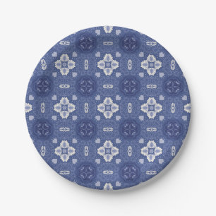 Sierlijk blauw en wit bloemtegels patroon papieren bordje