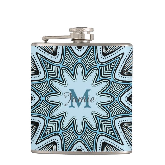 Sierlijk Blauw Monogram Mandala Persoonlijk Heupfles (Voorkant)