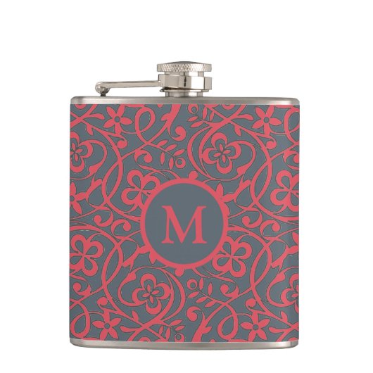 Sierlijk Bloemmotief in Roze en Grijs Monogram Heupfles (Voorkant)