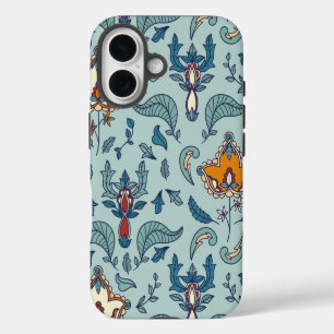 Sierlijk bloempatroon op een lichtblauwe achtergro iPhone 16 hoesje