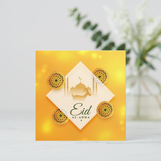 Sierlijk Eid ul Adha Mubarak Geit Moskee Geel Feestdagenkaart (Staand voorkant)