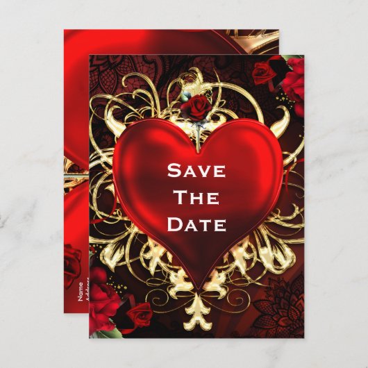 Sierlijk Elegant Bloemhart Zwart Rood & Goud Aankondigingskaart (Voorkant / Achterkant)